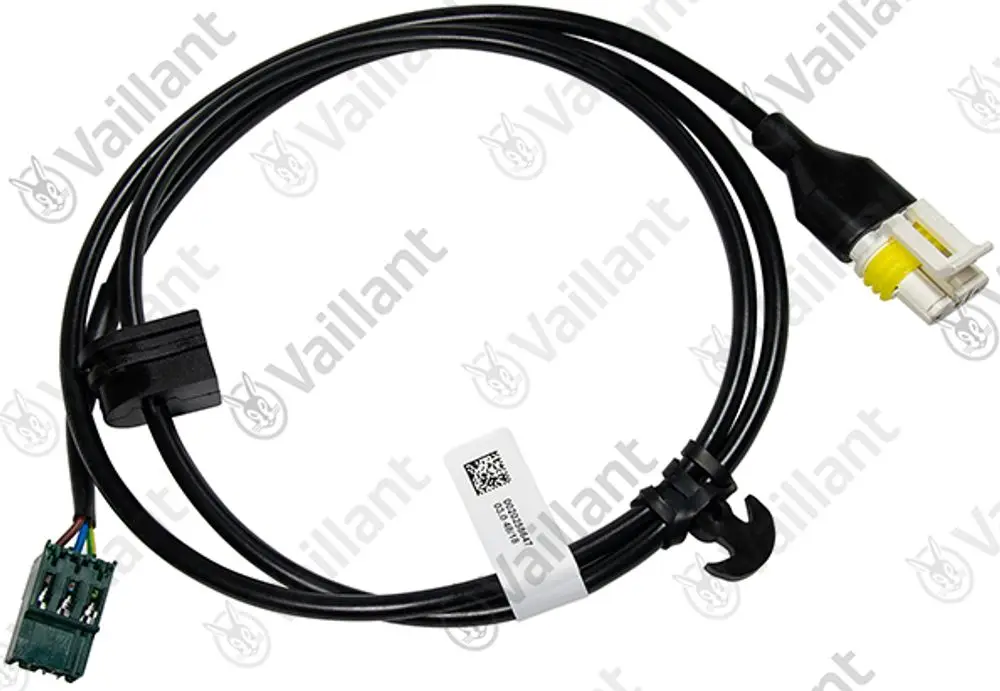 Vaillant Kabelbaum mit Anschlusssteckern, ausgelegt für die Verbindung von Pumpen, schwarzes Kabel mit mehreren Leitungen und Sicherungselement.